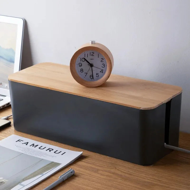 Wooden Cable Storage Box Dustproof Power Line Organizer Home Charger Socket Winder Wire Case for Cable Management