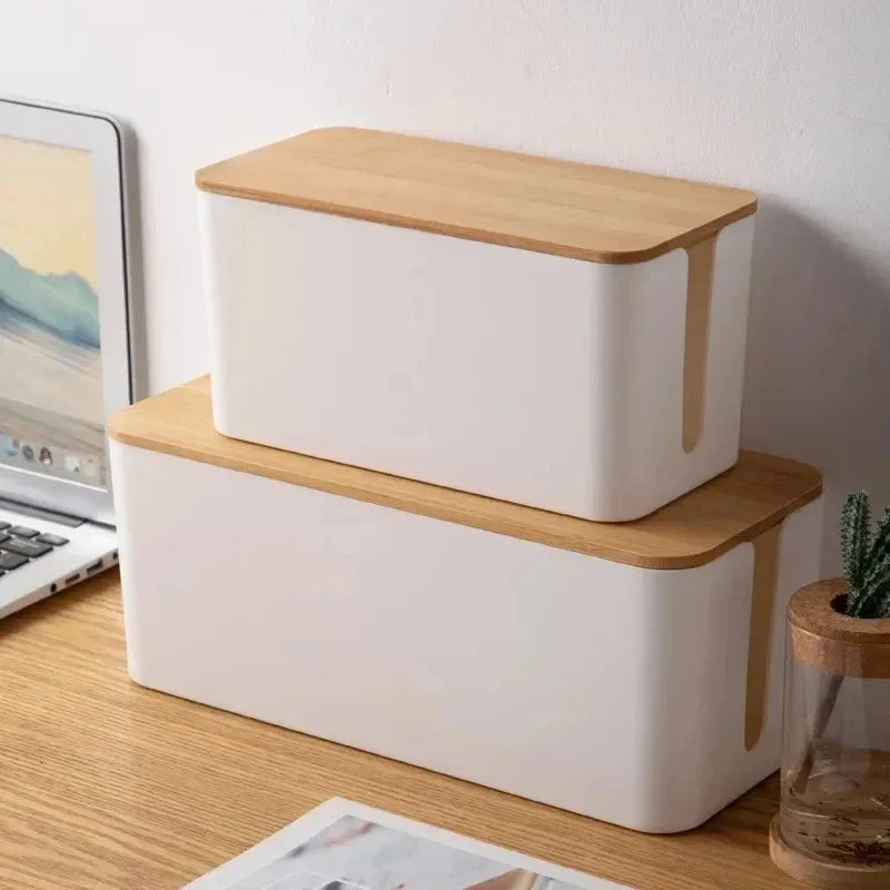 Wooden Cable Storage Box Dustproof Power Line Organizer Home Charger Socket Winder Wire Case for Cable Management