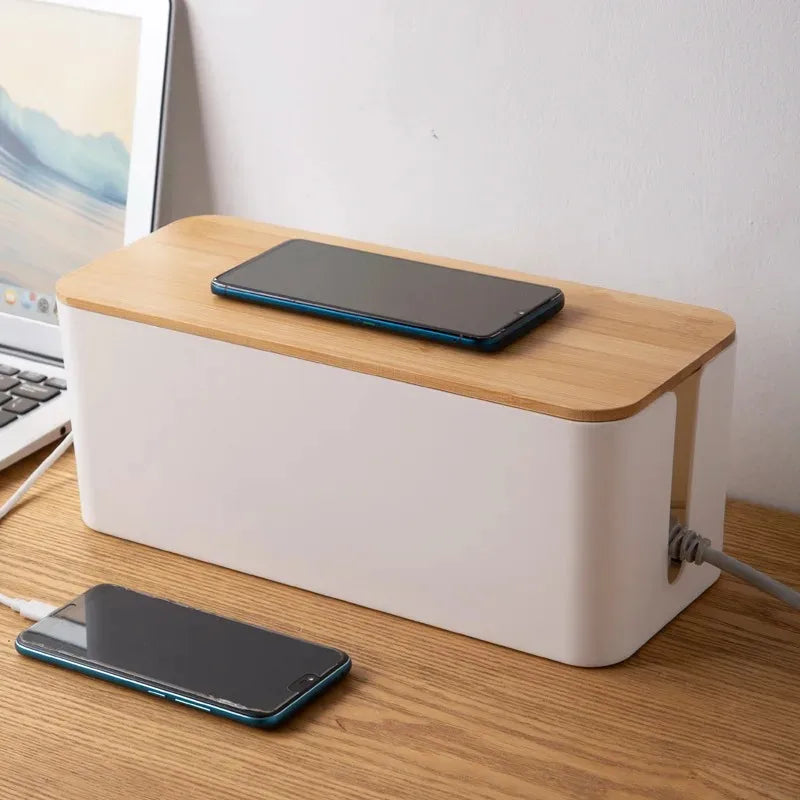 Wooden Cable Storage Box Dustproof Power Line Organizer Home Charger Socket Winder Wire Case for Cable Management