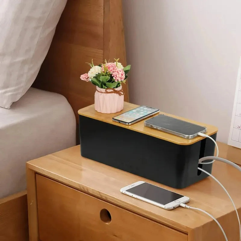 Wooden Cable Storage Box Dustproof Power Line Organizer Home Charger Socket Winder Wire Case for Cable Management